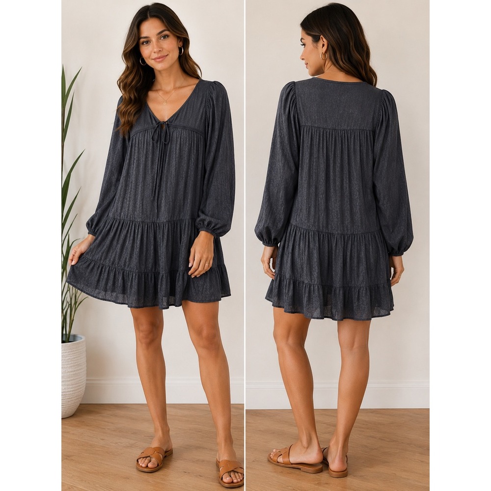 Dolcezza Black Tiered Tie-Front Mini Dress